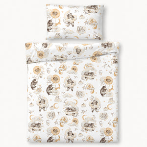 Close-up of Woodland Dreams baby bedding with woodland animals, cream clouds, golden moons and stars on soft 100% cotton.