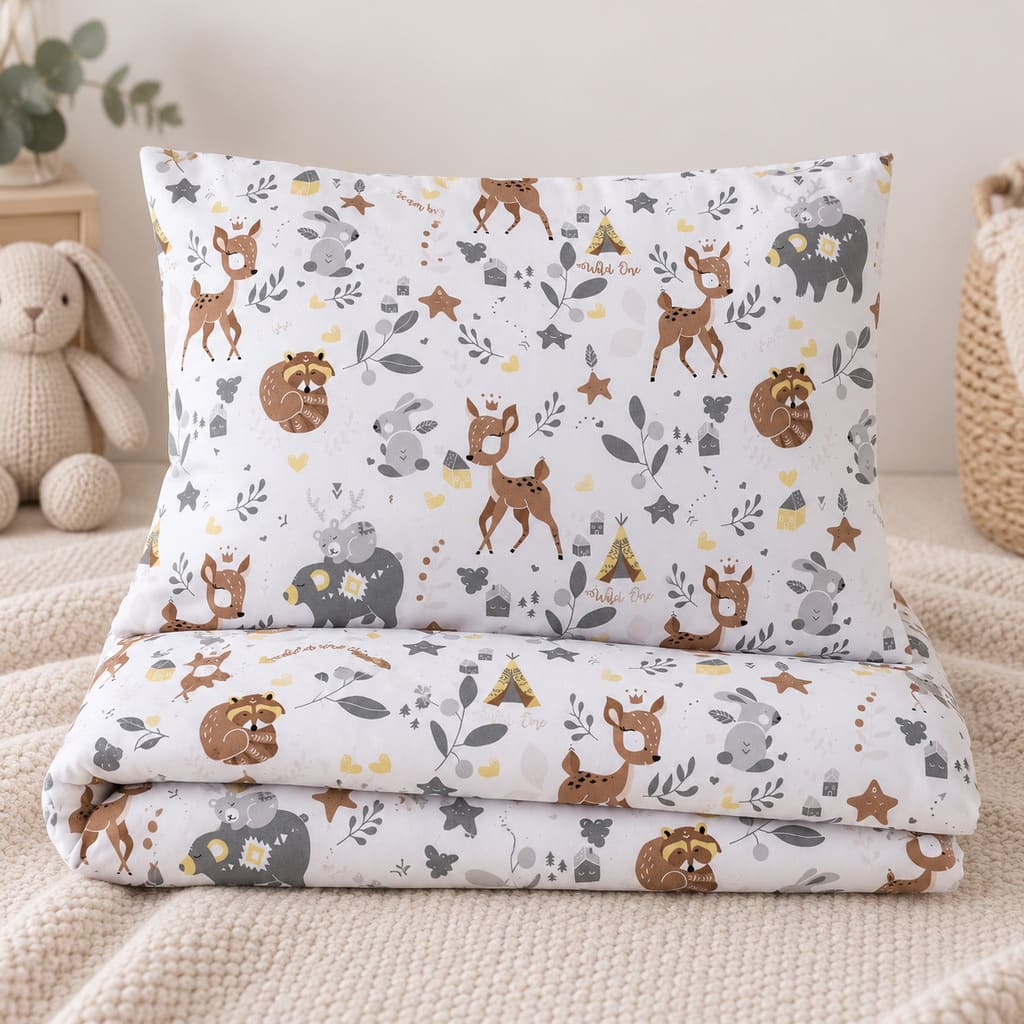 Woodland friends cot and cot bed bedding set with deer, bear and bunny print, handmade in the UK from OEKO-TEX cotton
