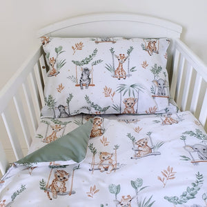 reversible cot bedding set, safari animal nursery, cot bedding with bumper, sage green nursery bedding, baby bedding for boys and girls.