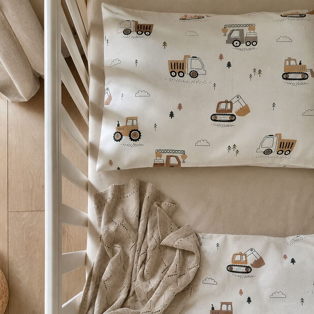 Construction Vehicles Bedding Set – 100% Cotton Toddler Cot Bedding, Beige Nursery Theme, Diggers, Tractors, Trucks