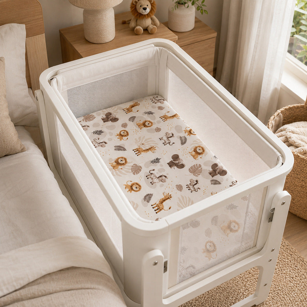 Safari animal fitted sheet on SnuzPod bedside crib mattress UK