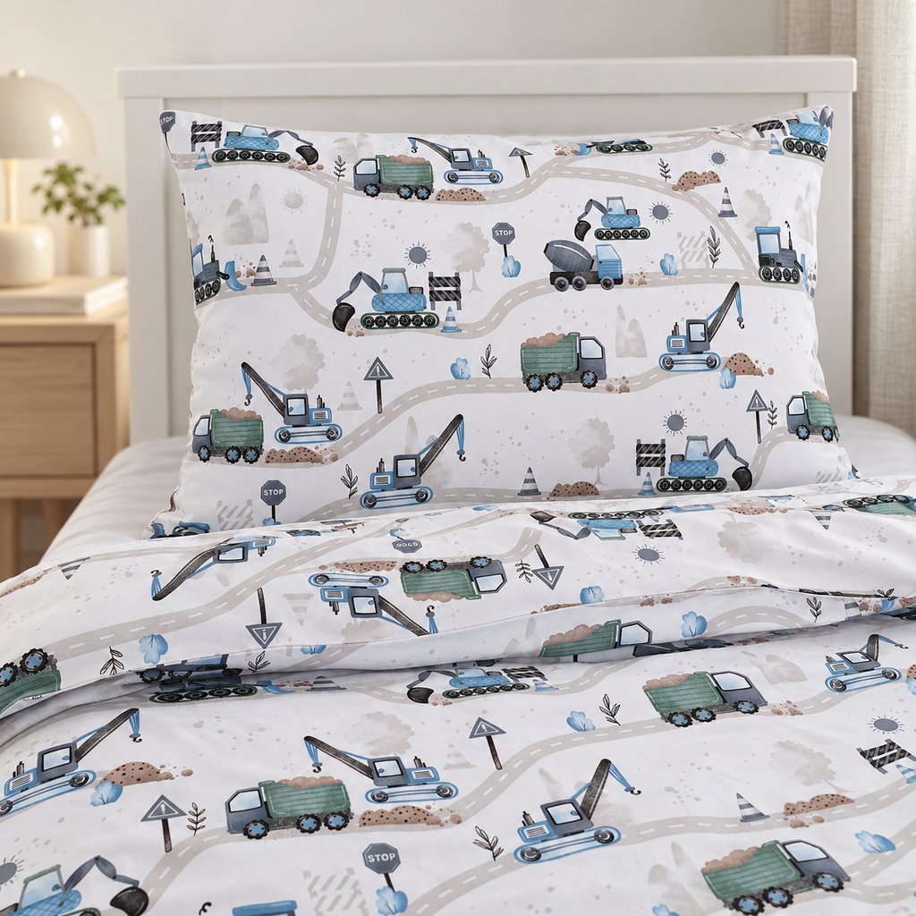 Blue digger single duvet cover and matching pillowcase on a white bed in a Scandinavian children’s bedroom.
