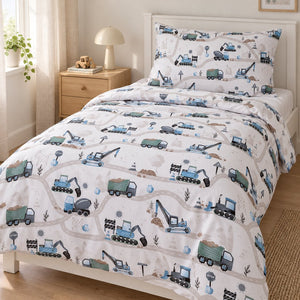 Blue digger single duvet cover and matching pillowcase on a white bed in a Scandinavian children’s bedroom.UK