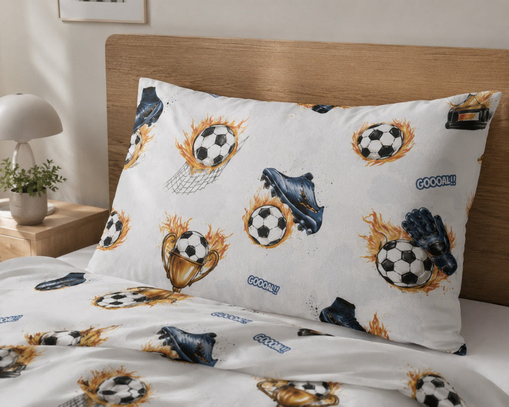 Boys football duvet cover set single bed white cotton bedding with soccer trophy print