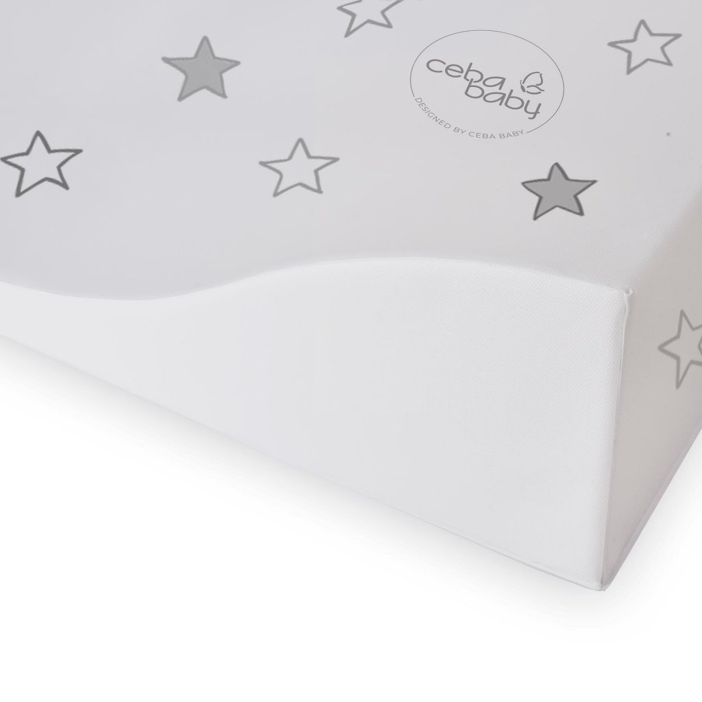 Close-up of the padded raised side and grey star print on a white wipe-clean baby changing mat.