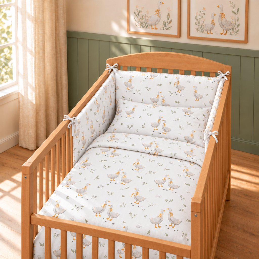 Little Goose cotton cot bedding set with matching decorative bumper and white ties in a sage green nursery, handmade in the UK by Fabricco.