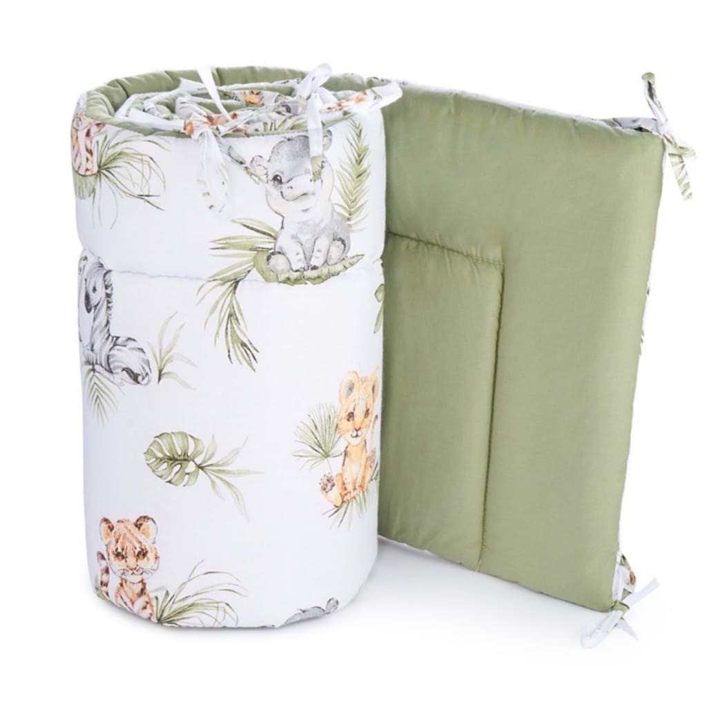 Reversible safari cot bed bumper showing the jungle animal print and coordinating sage green reverse for a 70 × 140 cm UK cot bed.