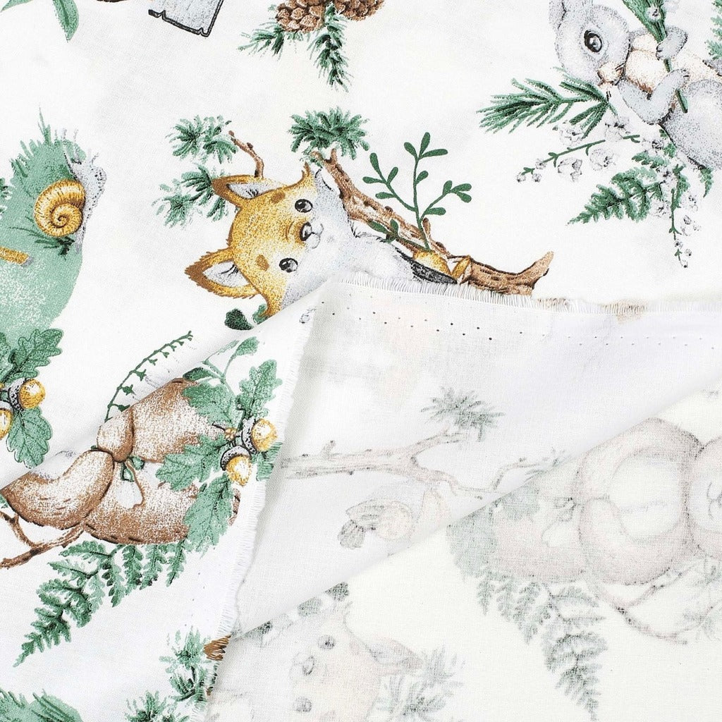 sage green leaves fabric, woodland print, fox and deer fabric, quilting cotton UK, kids&#39; fabric, sewing material