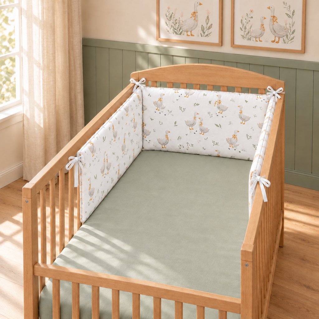 Little Goose decorative cot bumper with white ties, paired with a sage green fitted sheet in a natural wood cot.
