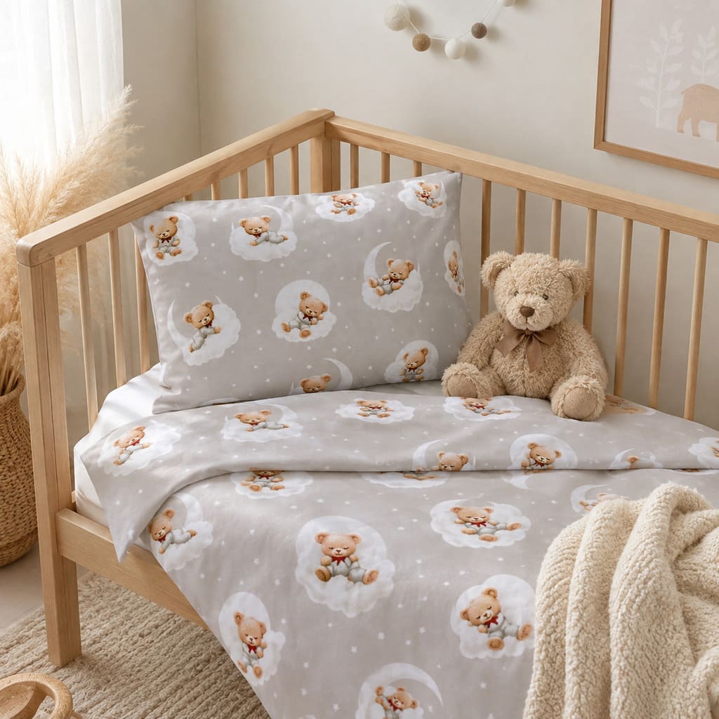 Little Teddy Bear cot and cot bed bedding set in neutral Scandinavian nursery