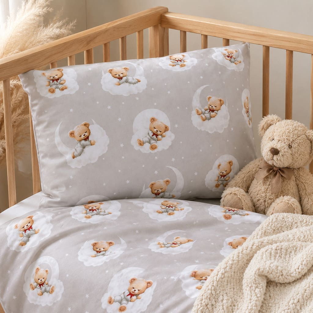 Little Teddy Bear 100% cotton cot bedding set with teddy bears moons and clouds