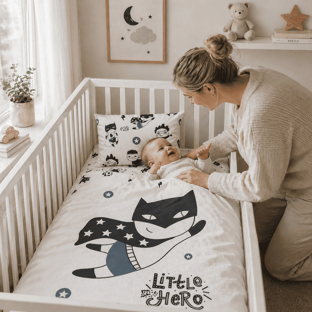 little hero baby bedding, monochrome nursery