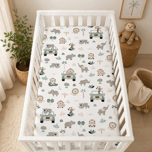 Baby bedside crib fitted sheet with safari animals, elephants, lions and giraffes