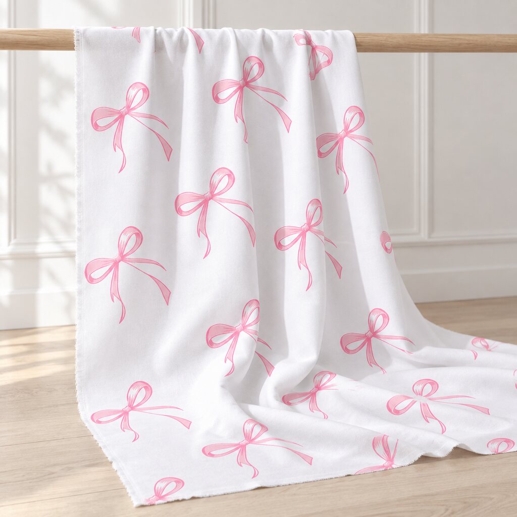 Pink bow 100% cotton fabric by the metre displayed in a light Scandinavian sewing studio, Fabricco Uk, Fabric Shop Ireland