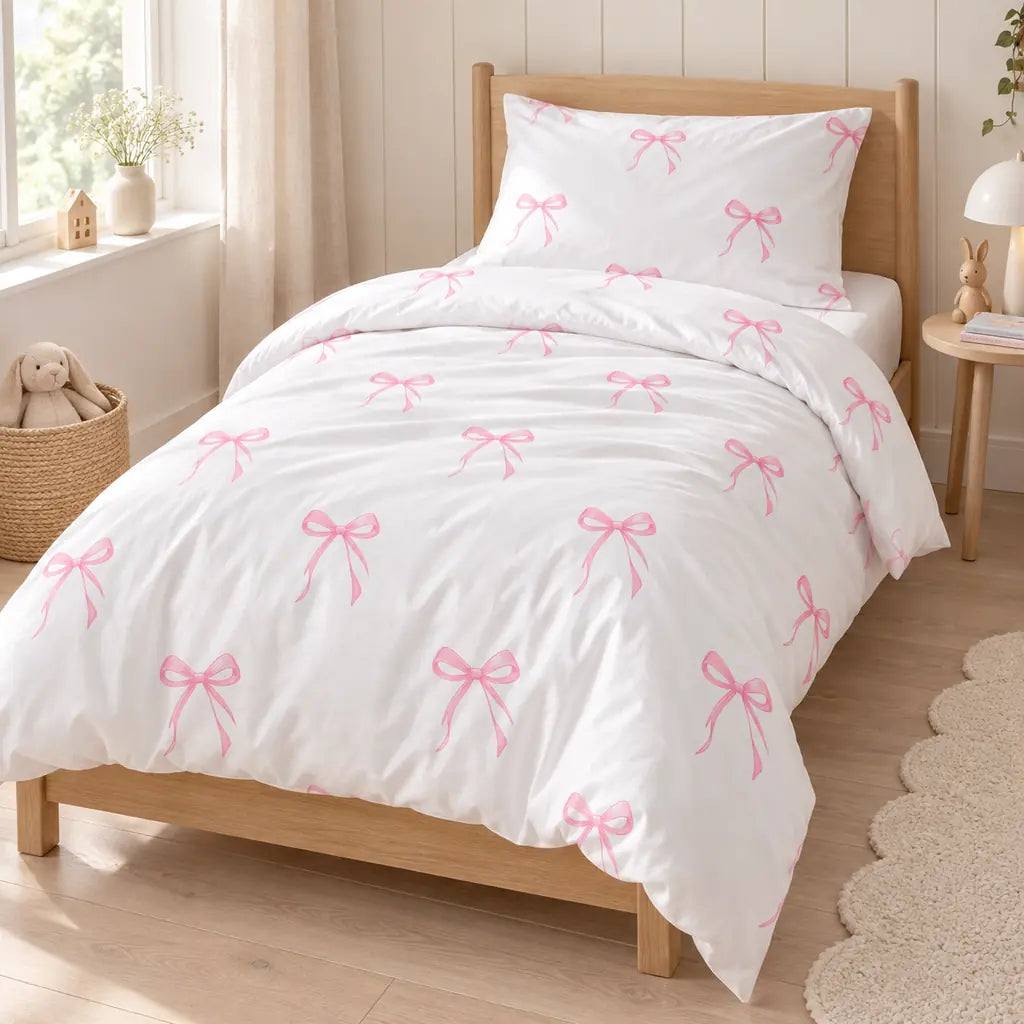 pink bow single bed bedding set for girls, handmade in the UK from soft OEKO-TEX cotton. Includes single duvet cover and pillowcase for a calm, pretty bedroom.