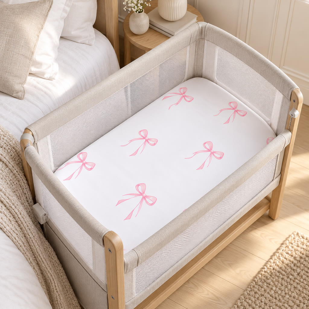 Pink bow SnuzPod fitted sheet in 100% OEKO-TEX cotton, handmade in the UK