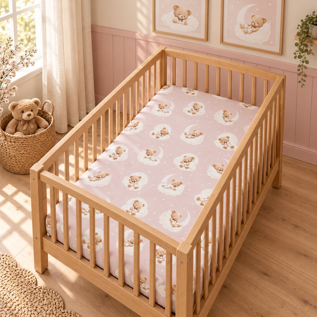 Pink teddy bear and clouds fitted sheet on a bedside crib mattress in a soft pink baby girl’s nursery.