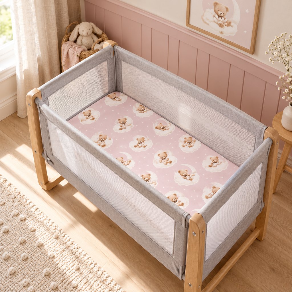 Pink teddy bear and clouds fitted sheet on a bedside crib mattress in a soft pink baby girl’s nursery.