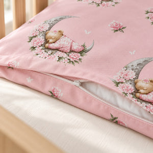 Close-up of the pink teddy bear duvet cover showing its white zip fastening without a puller.