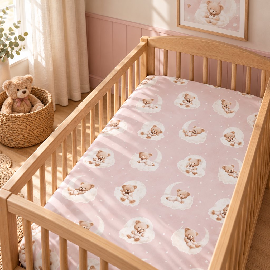 Pink teddy bear fitted sheet in a baby girl’s nursery with blush panelling and matching teddy wall art.