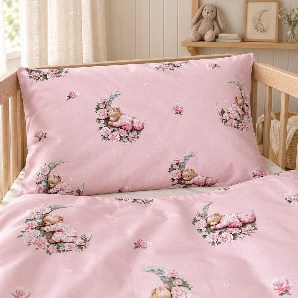 Blush pink teddy bear and moon cot bedding set with floral details, styled in a natural wooden cot.