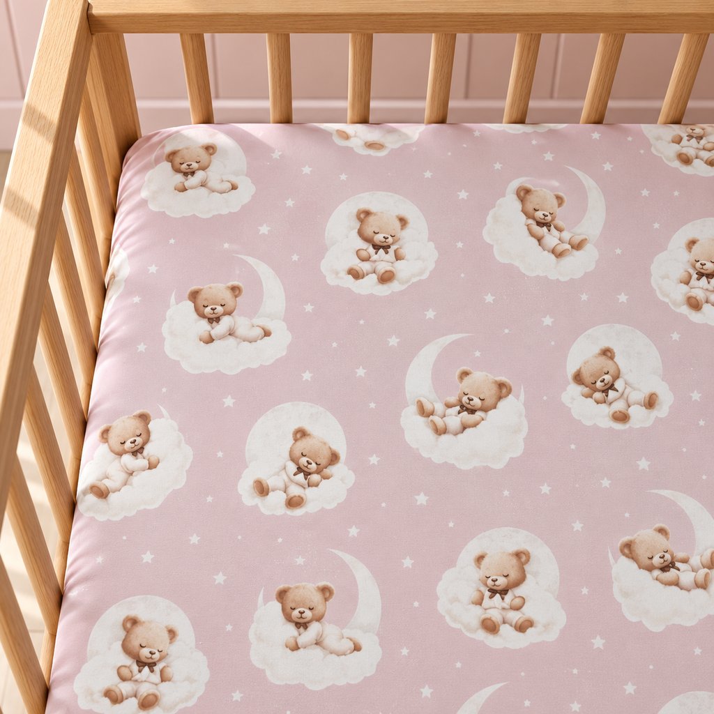 Pink teddy bear fitted sheet in a baby girl’s nursery