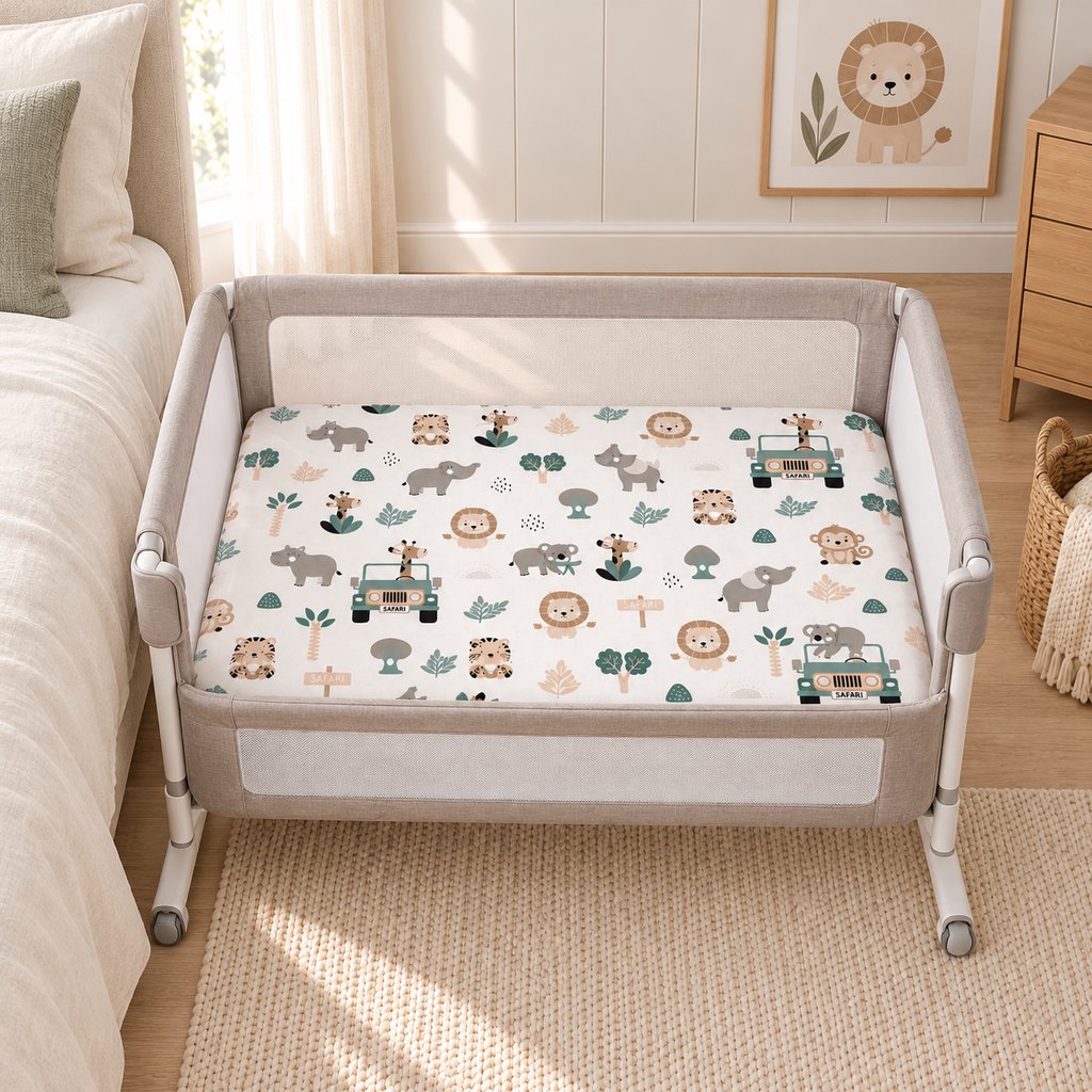 Safari Adventure cotton fitted sheet on a Next2Me bedside crib mattress, with jungle animals and sage green safari jeeps.
