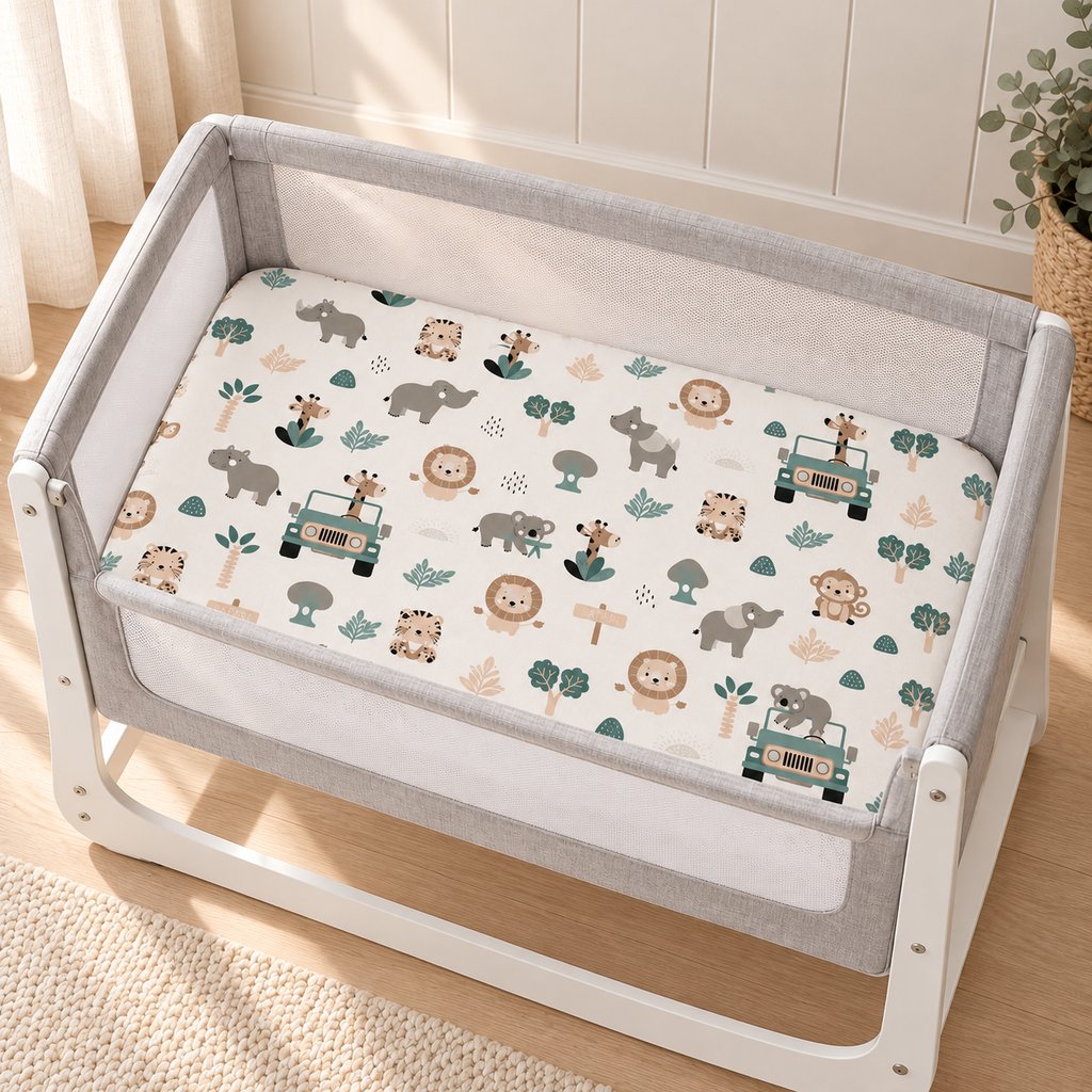 Safari Adventure cotton fitted sheet on a SnuzPod bedside crib mattress, showing jungle animals, safari jeeps and green leaves.
