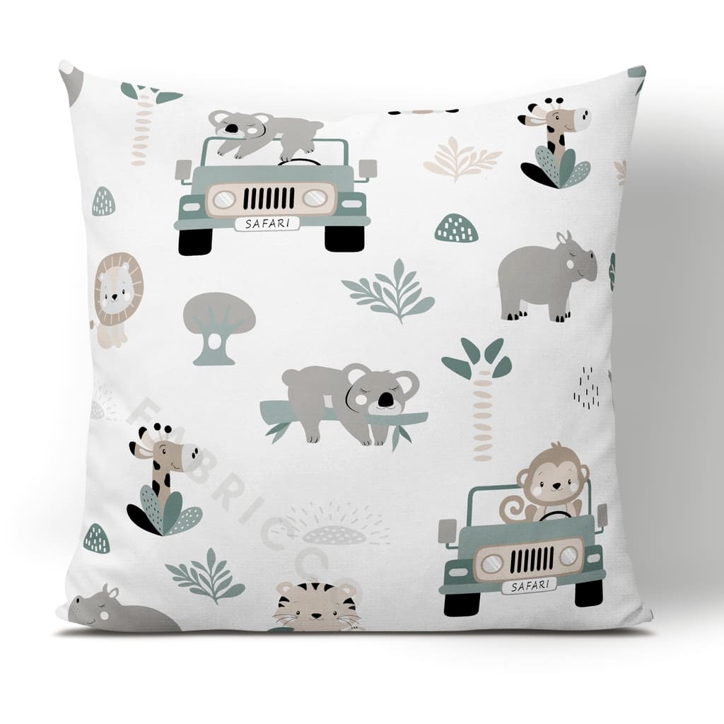 Safari Adventure jeep jungle animals in trendy sage green cotton fabric. It&#39;s a top-seller, perfect for all your creative nursery sewing projects