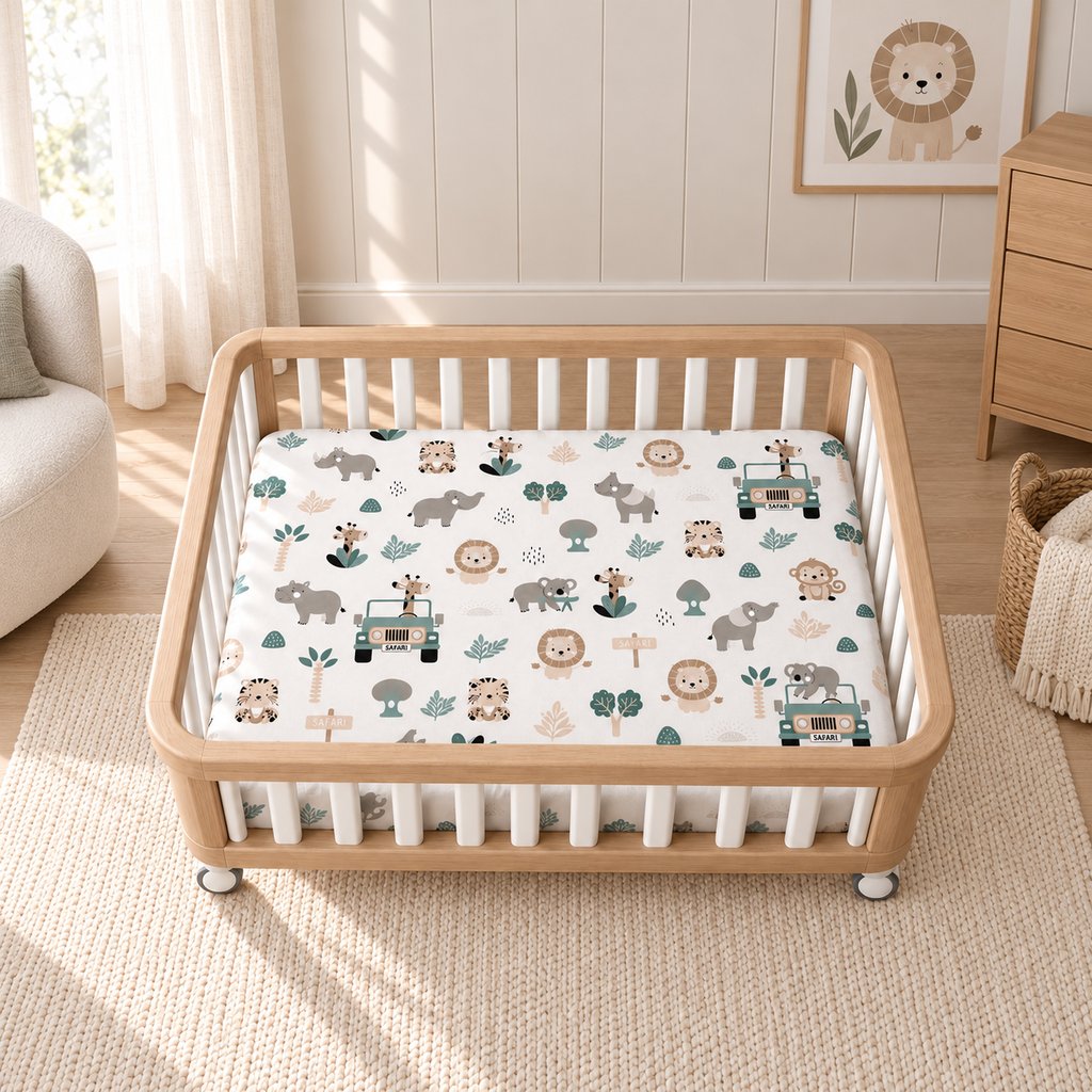 Safari Adventure fitted sheet on a Nestig Mini crib mattress, featuring jungle animals, green safari jeeps and leafy details.