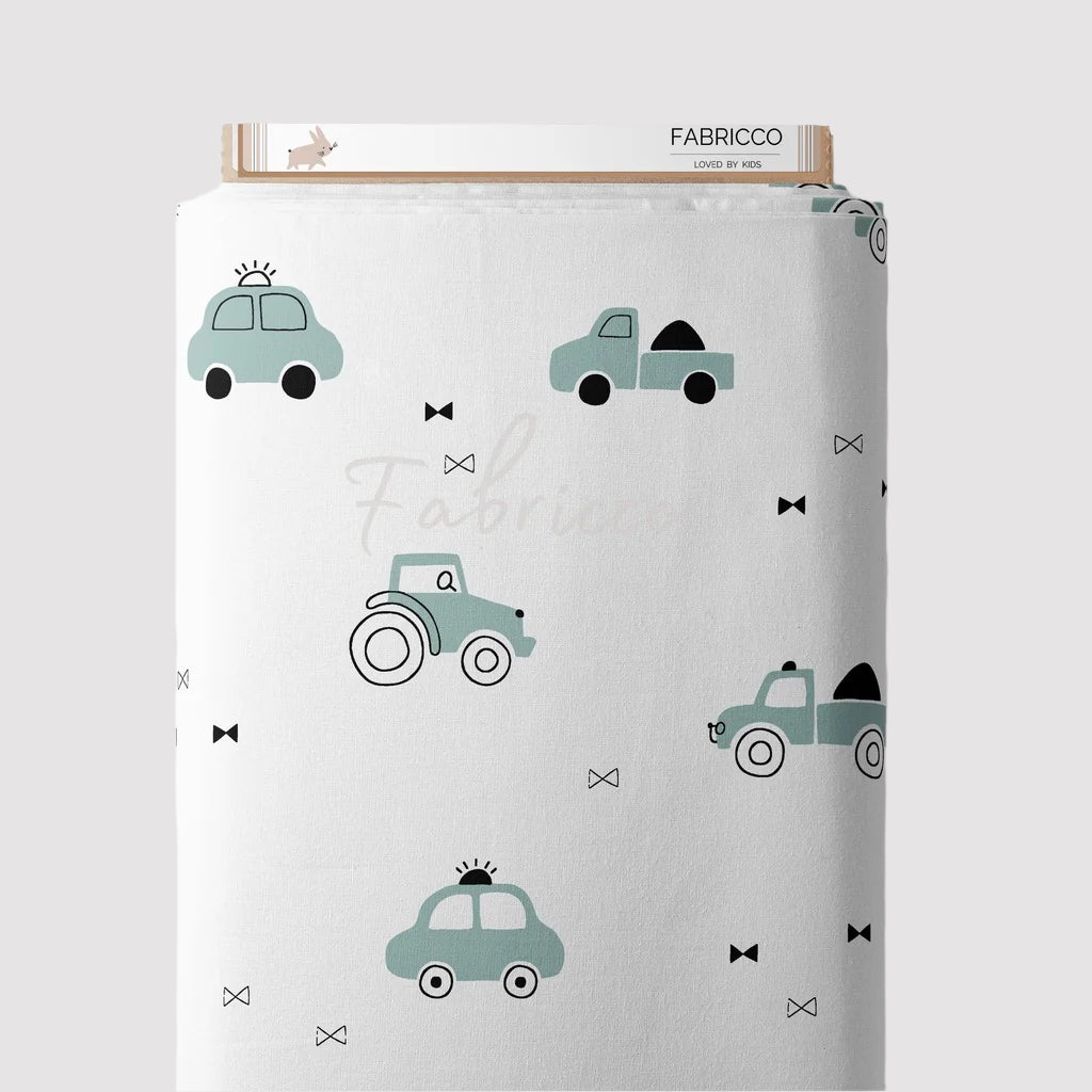 kids cotton fabric, sage green cars, baby shop uk , Fabricco