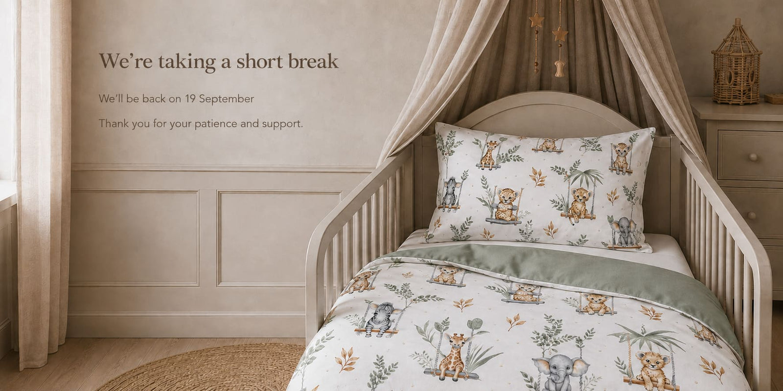 Safari animals cot bedding set in a premium Scandinavian-style nursery – Fabricco UK