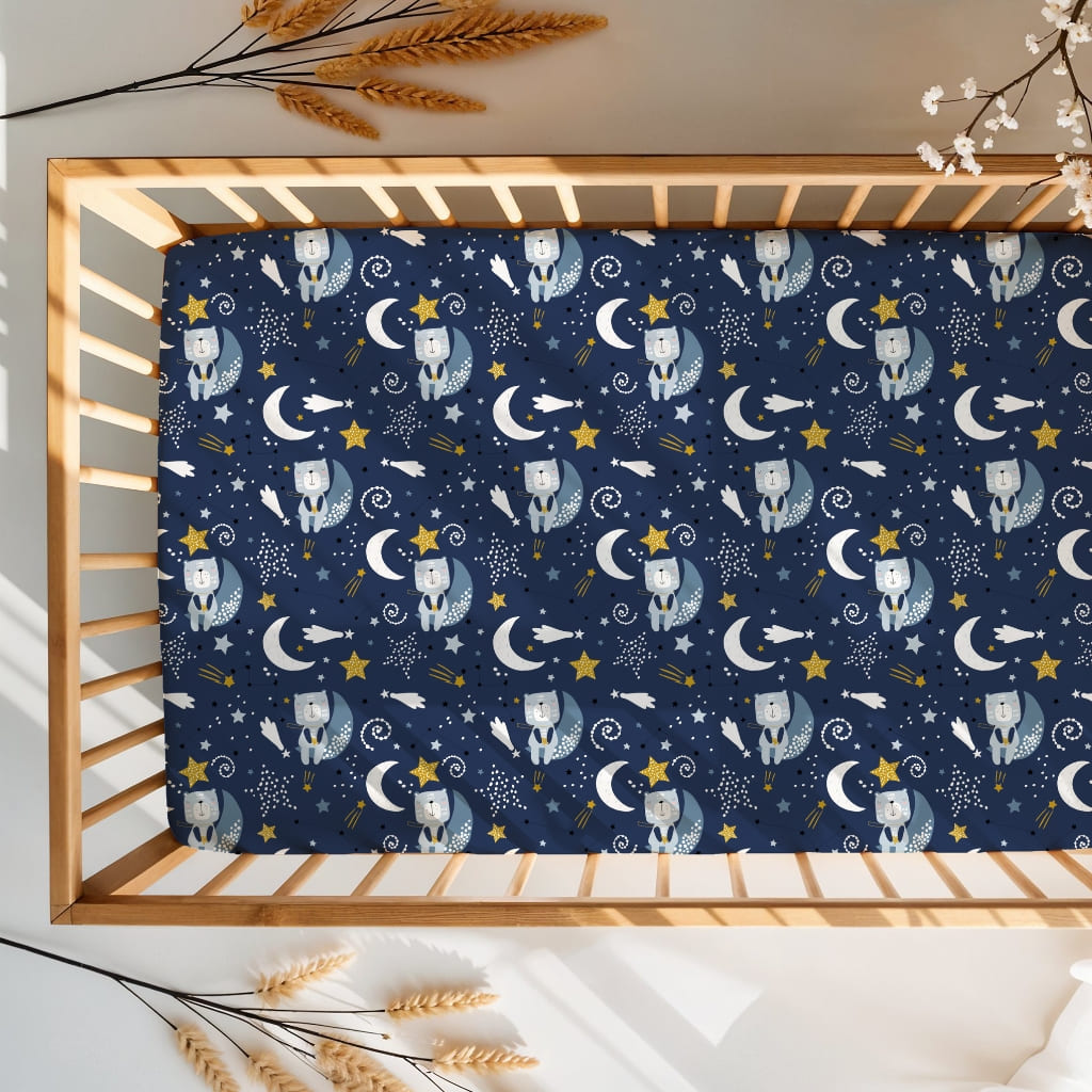 Shop space-themed baby fitted sheet for cot, cot bed, SnuzPod and Maxi Cosi. Soft, breathable and secure fit for safe sleep. Perfect nursery bedding UK.