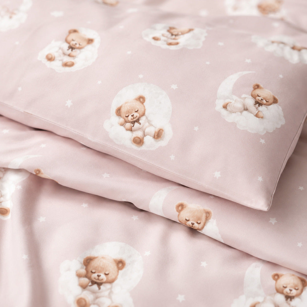 usty pink teddy bear 100% cotton cot bedding with clouds moons and stars