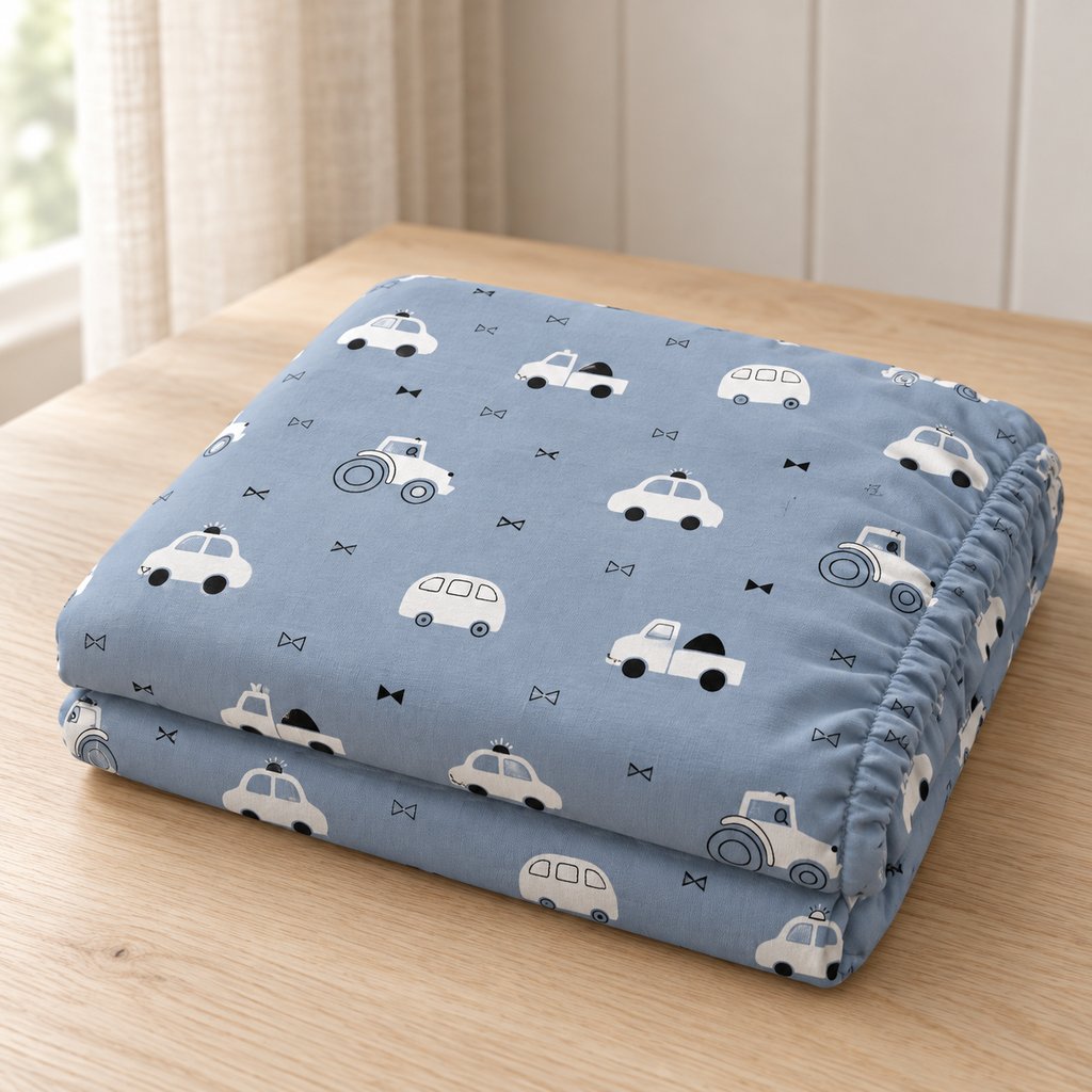 Folded blue cotton baby fitted sheet with white cars, tractors and buses, showing the elasticated edge on a light oak table.