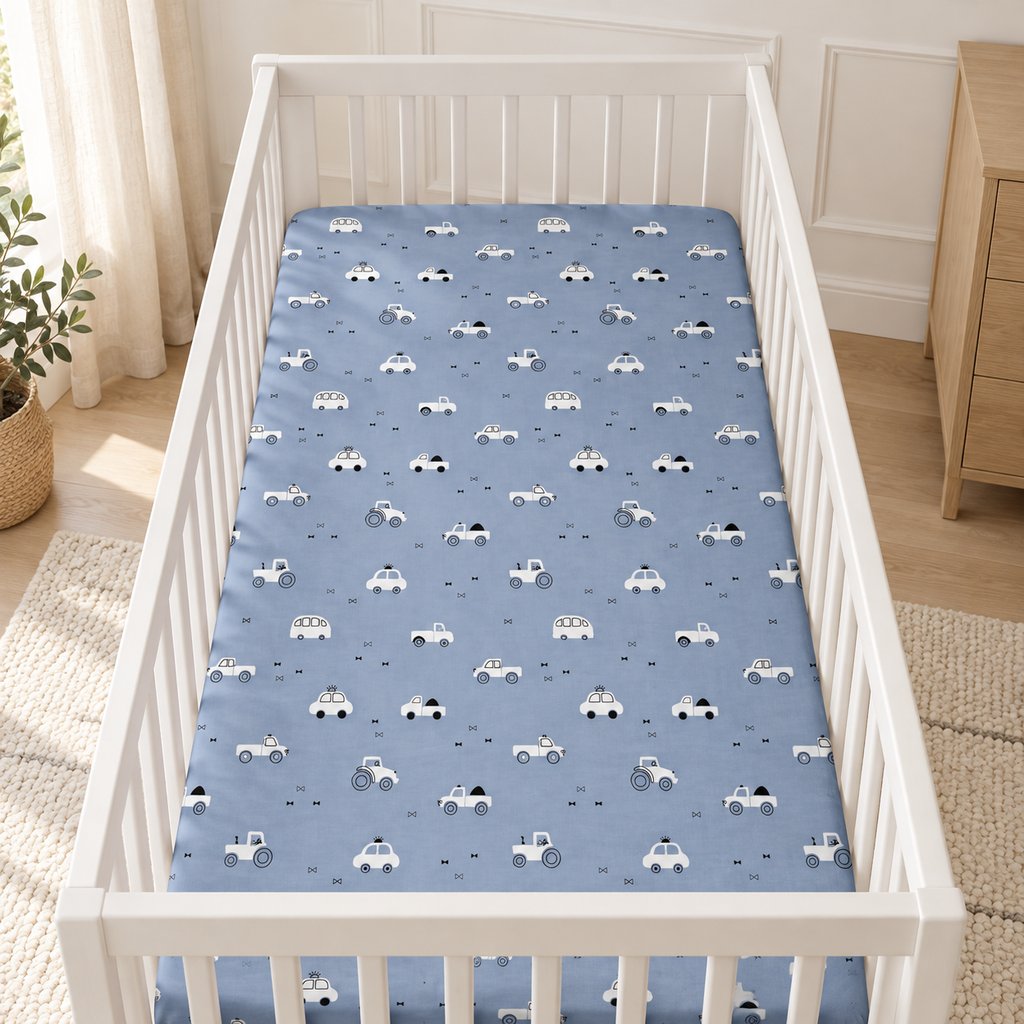 Blue cars and tractors cotton fitted sheet on a white cot mattress in a Scandinavian nursery with light wood furniture.