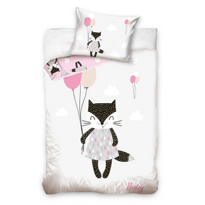 Lucky Black Cat design. Cute bedding set for baby Girl.  Graphic print Cat with balloons on one side and smaller cats and clouds print on reverse.    100% COTTON COT BEDDING SET  REVERSIBLE = 2 DESIGNS IN 1  The Cot Baby Duvet Set includes:  1 duvet cover 90 x 120 cm (safety zipper without puller) 1 pillowcase 40 x 60 cm (with zipper without puller)
