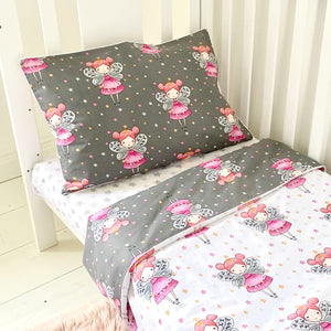 Fairies Baby Girl Toddler or Single Bedding Set in Pink and Grey, Reversible