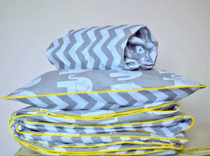 Grey Cot bed Bedding Set with Fitted Sheet- Elephants, Chevron, Reversible