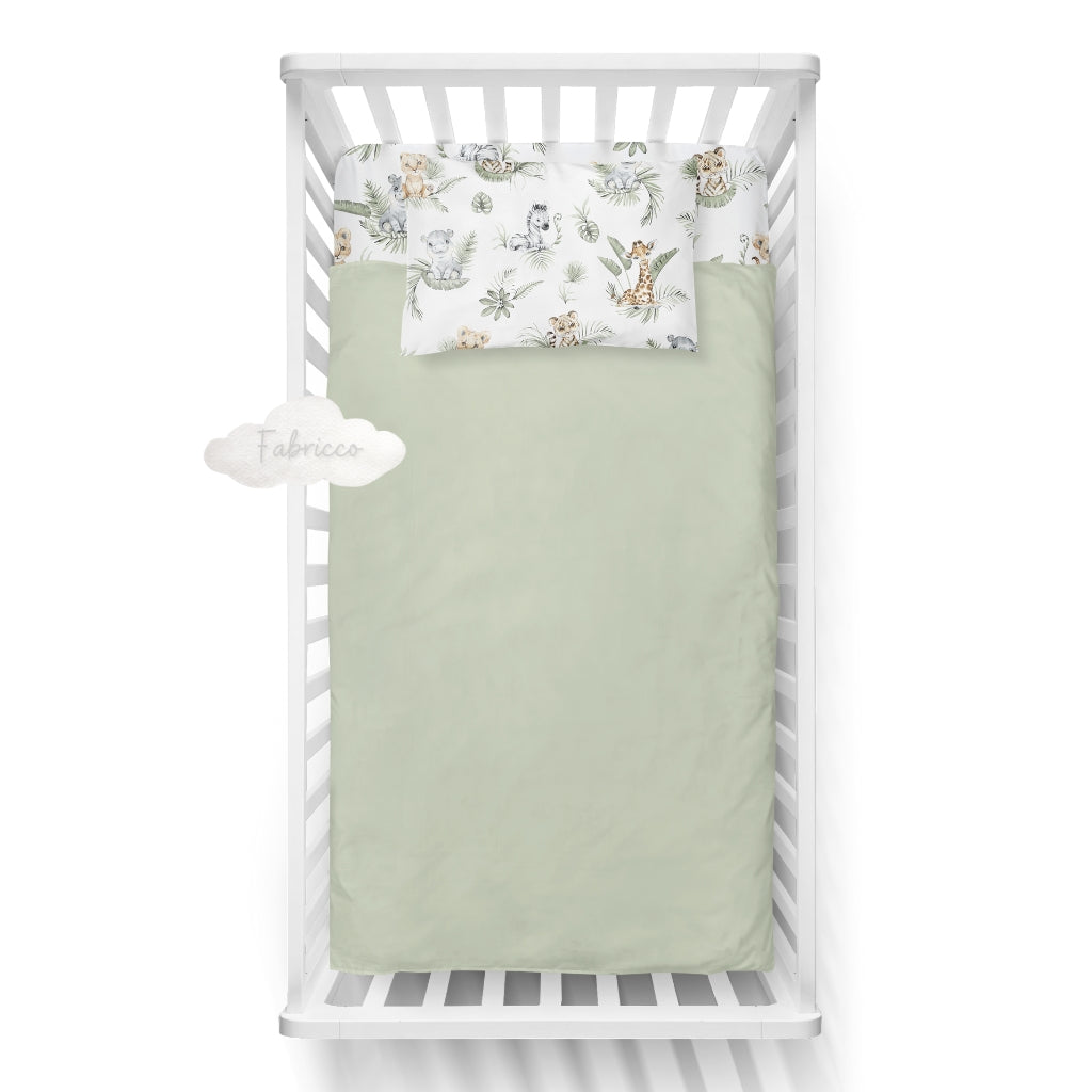 Baby Jungle Animals 100% Cotton Duvet Cover Set – Cot or Cot Bed – Reversible with Matching Green