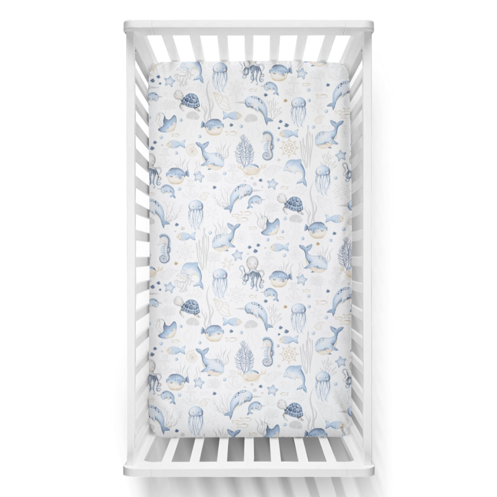 Sea Life Blue Cotton  Fitted Sheet - Cot and Cot Bed