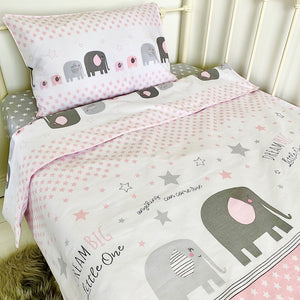 Cot bed bedding set FOR BABY GIRL - Dream Big Little One PERFECT FOR COT 70 X 140 CM  Happy Elephants and little stars design in grey and pastel pink with matching pastel pink piping
