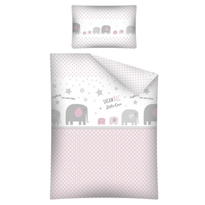 Cot bed bedding set FOR BABY GIRL - Dream Big Little One PERFECT FOR COT 70 X 140 CM  Happy Elephants and little stars design in grey and pastel pink with matching pastel pink piping