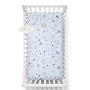 Baby boy bedding, cot sheets, adventure baby nursery, blue nursery decor 