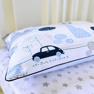 My first journey design for baby boy. Toddler bedroom.  Handcrafted and unique cars, mountains bedding set - perfect for standard UK cot bed . PURE COTTON   Bedding : my First Journey DESIGN on one side and blue on reverse with dark blue piping Fitted sheet : grey stars