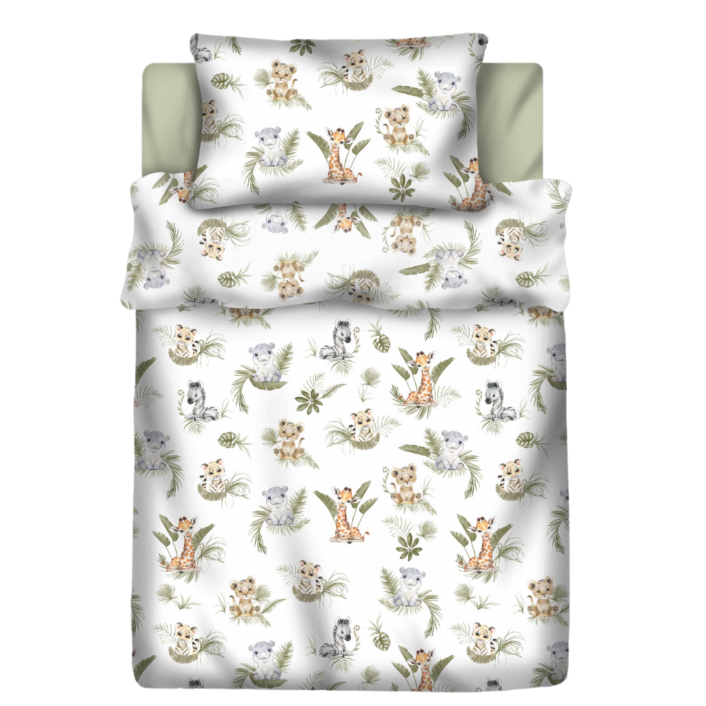 Safari cot bed bedding set with matching duvet cover and pillowcase, featuring cute jungle animals in soft neutral and sage tones for baby nursery decor.