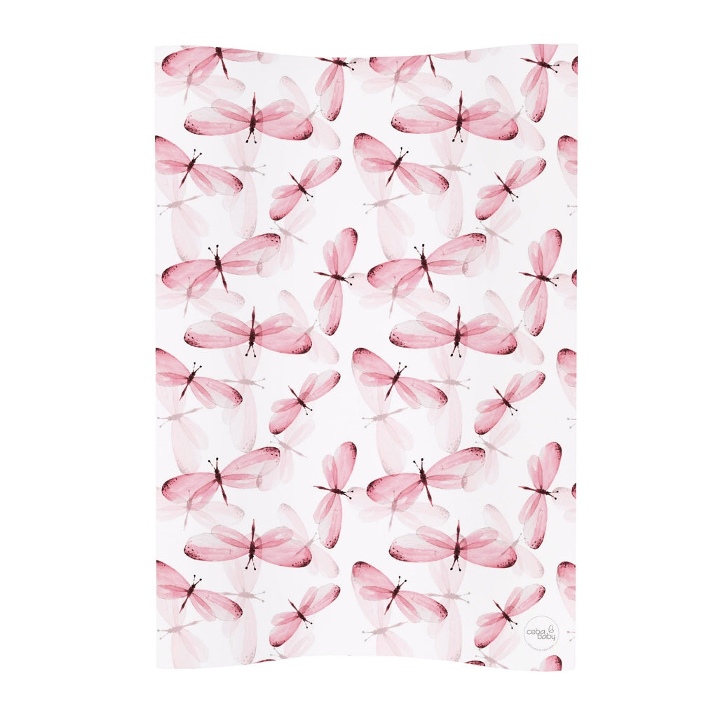 Pink wedge baby changing mat with anti-roll design, featuring a delicate dragonfly and floral pattern