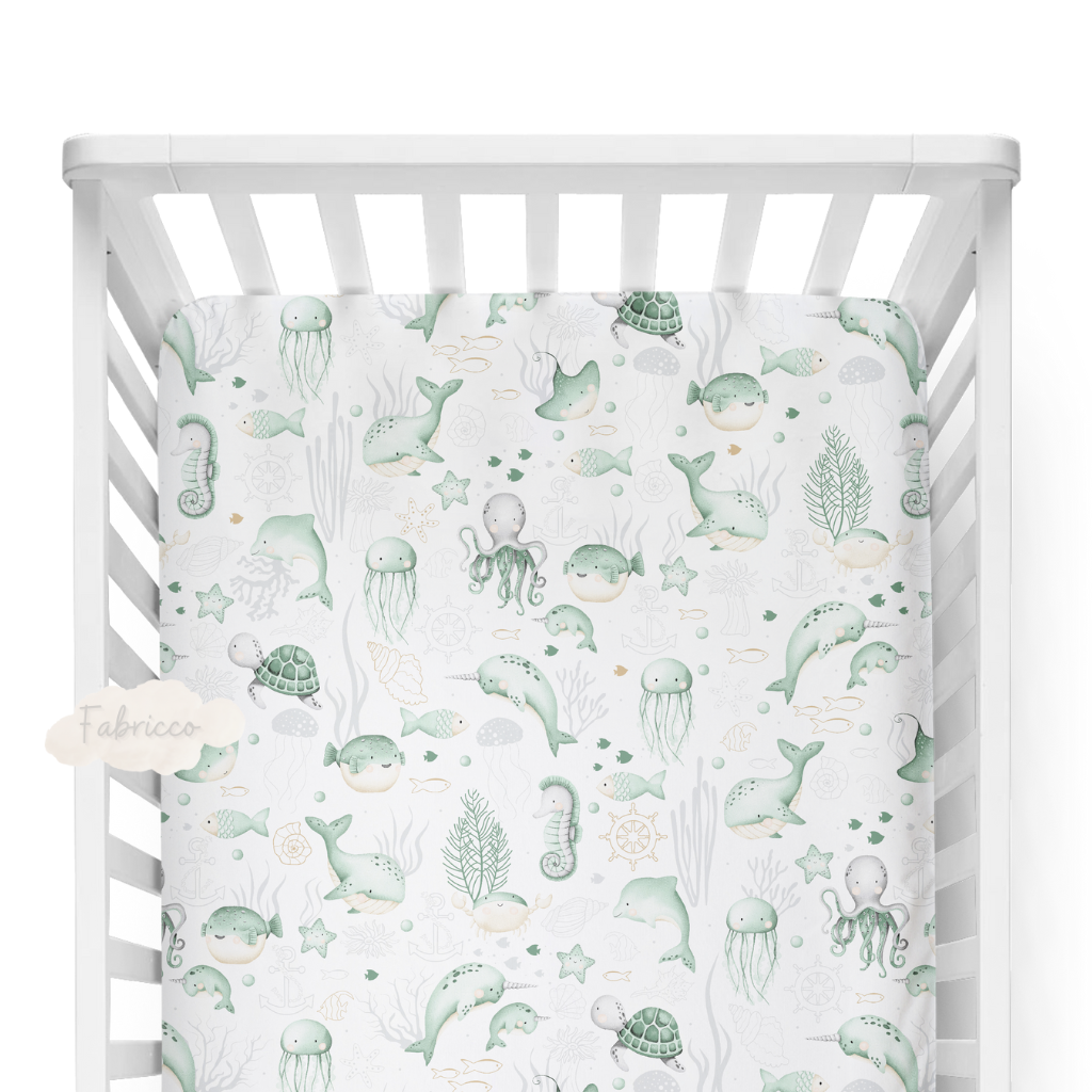 Sea Life Mint Fitted Sheet Cot and Cot Bed Fabricco